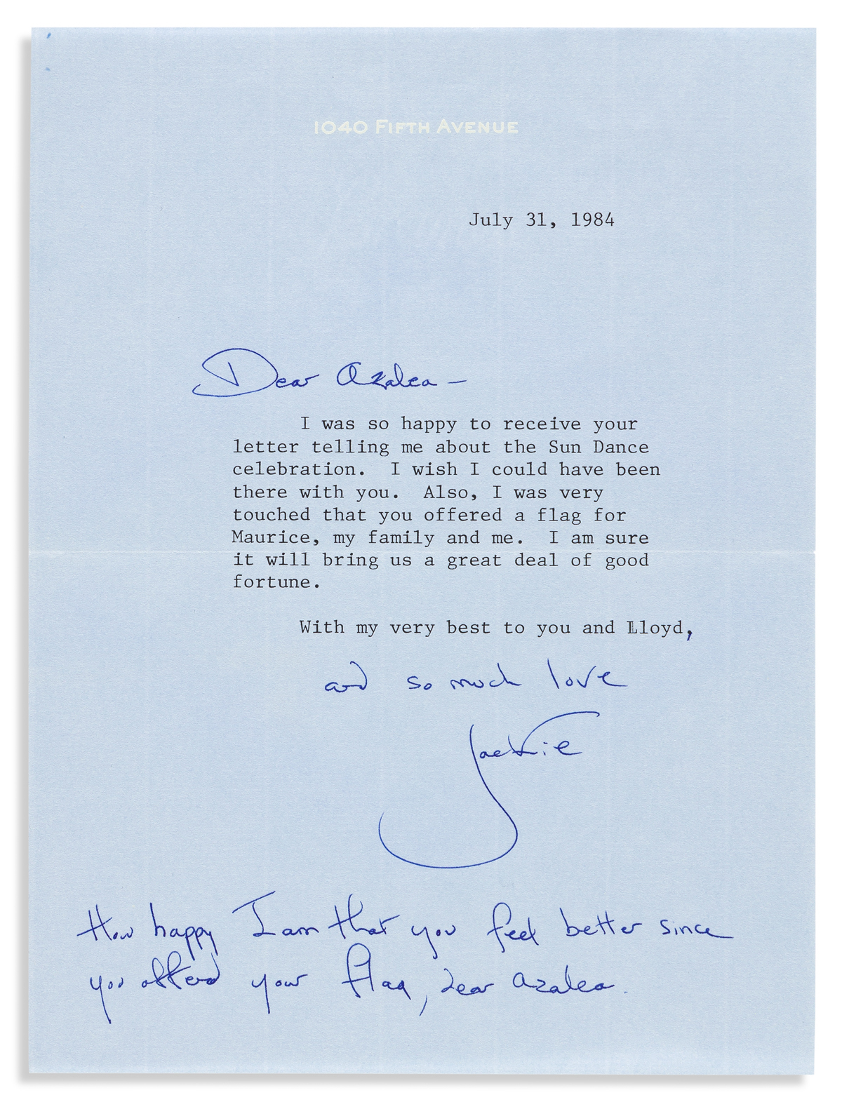 KENNEDY, JACQUELINE. Group of 5 letters, each Signed Jackie, to co-founder of the Institute of American Indian Arts Lloyd Kiva New or